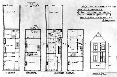 <p>De tekening uit 1941 geeft een goed overzicht van de wijzigingen destijds. De zijgang werd verbreed, een keuken werd aangebouwd op het achterterrein en een badkamer kon geplaatst worden in de breedte van de gang op de verdieping. De doorsnede toont de nieuwe gangmuur en de wijze waarop deze gedragen werd. [HCO, archief bouwvergunningen]</p>
